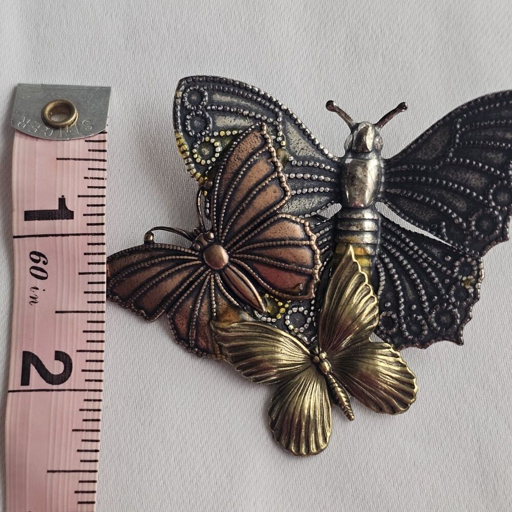 Vintage 3D Butterfly Brooch Pin Tri-Color Copper, Silver, Bronze 2"
